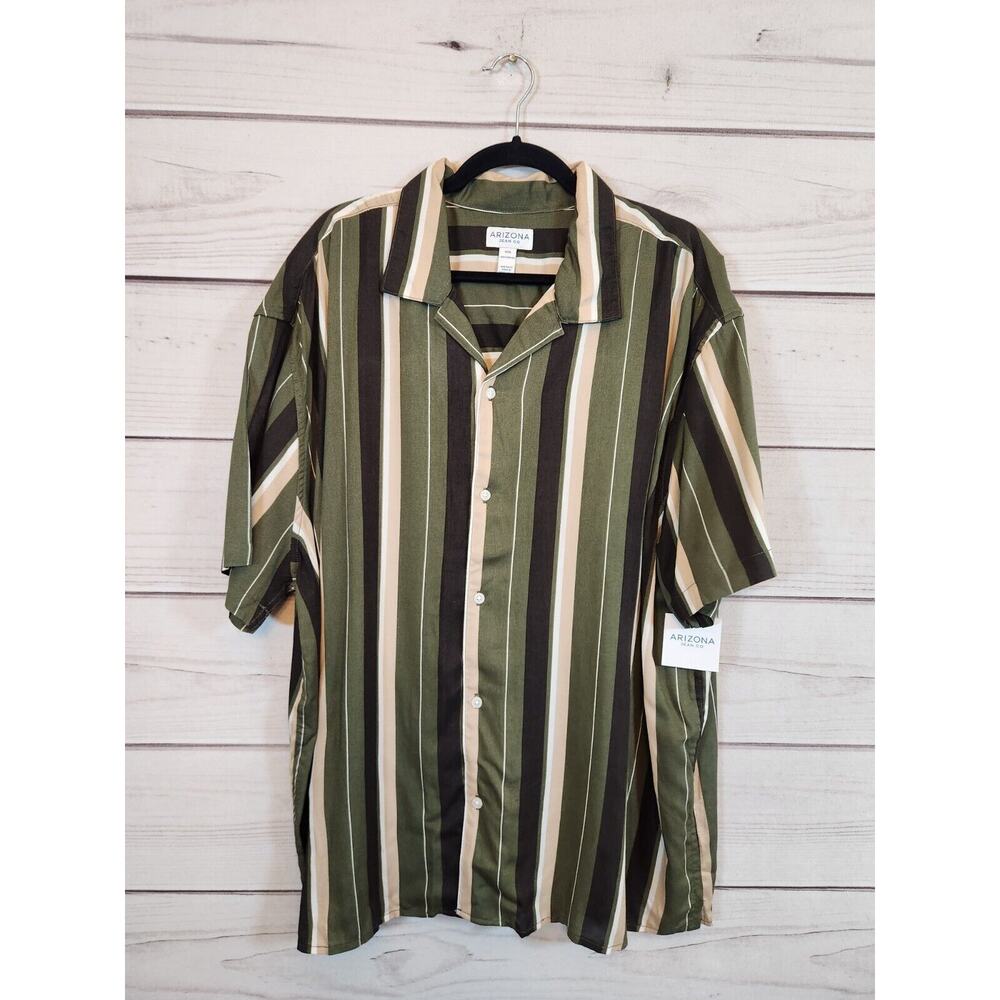NWT Arizona Jean Co. Men's Olive Green Stripe Rayon Button Down Shirt Size XXL